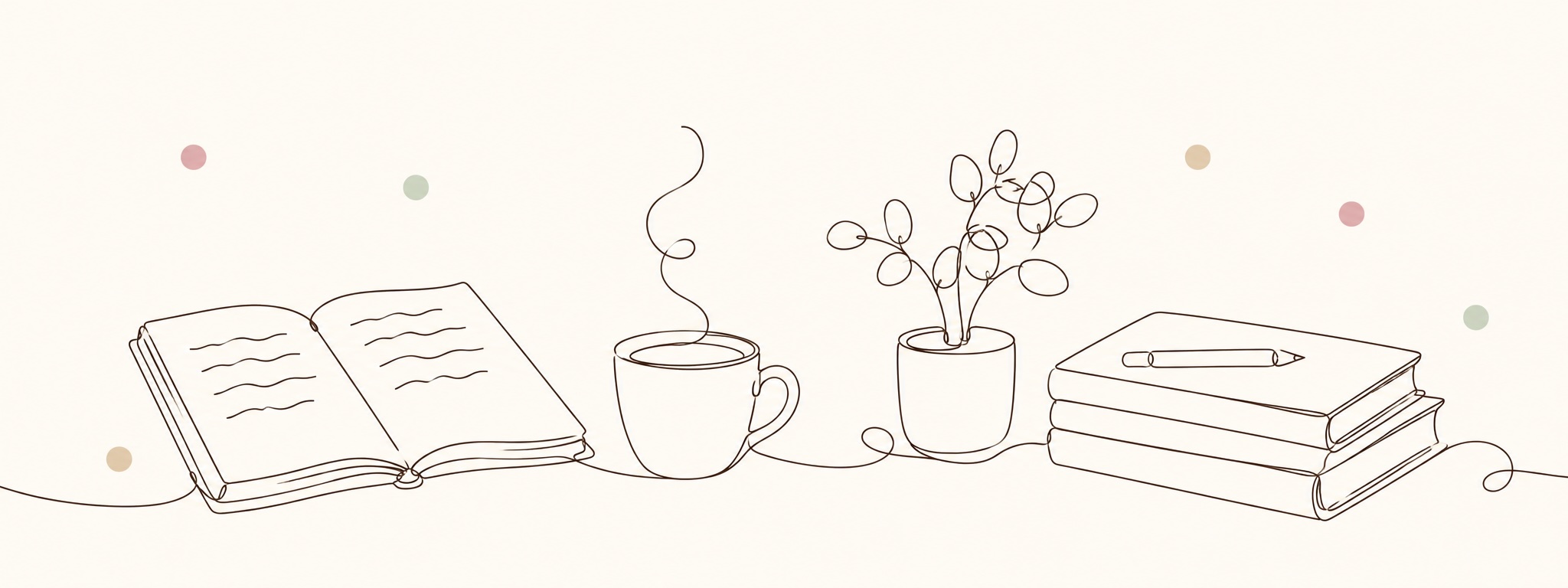本、コーヒー、植物が一筆描きでつながる線画イラスト